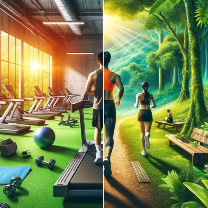 Split-view image with a female practicing yoga in an indoor studio and a male doing yoga outdoors surrounded by mountains.